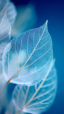 Delicate leaves showcase their fine network of veins and translucent texture, creating an elegant display on a serene blue backdrop that enhances their beauty.の素材