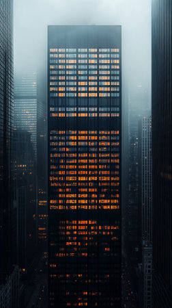 A tall skyscraper stands shrouded in fog, with warm orange lights glowing from its windows. Nearby buildings are faintly visible, creating a mysterious atmosphere at night..の素材