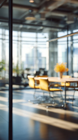 Bright office space features yellow chairs and a flower arrangement, with a stunning city skyline visible through large windows. Sunlight creates a warm atmosphere.の素材