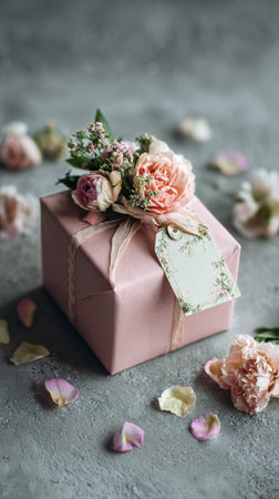 Beautifully wrapped gift box sits on a gray surface, decorated with delicate pastel flowers and a tag, perfect for special celebrations and moments of joy.の素材