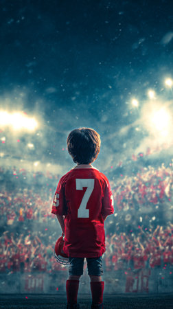 A young child with curly hair wearing a red jersey with the number 7 watches a vibrant crowd cheering at a sports event. The atmosphere is filled with excitement and energy..の素材