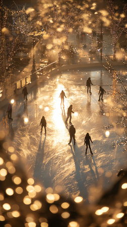 People enjoy skating on an ice rink illuminated by warm lights during a winter evening. The atmosphere is joyful and vibrant, capturing the spirit of the season.の素材