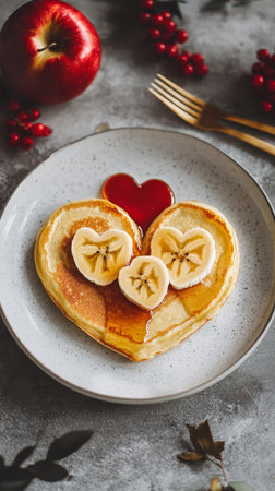 Delicious heart-shaped pancakes topped with sliced bananas and red syrup are served on a white plate. Fresh berries and an apple surround the plate, creating a joyful breakfast scene..の素材