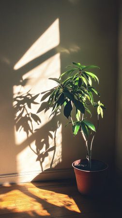 A green potted plant stands in a warm room, illuminated by afternoon sunlight. Shadows dance on the wall, creating a peaceful, serene atmosphere perfect for relaxation.の素材