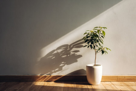A small potted plant stands in a minimalist room, illuminated by soft sunlight. Its shadow stretches elegantly across the wall, creating a calming ambiance..の素材