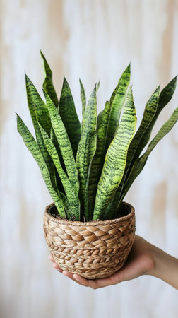 A person holds a snake plant in a woven basket while standing indoors. The bright green leaves stand out against neutral walls, adding fresh touch to the space..の素材