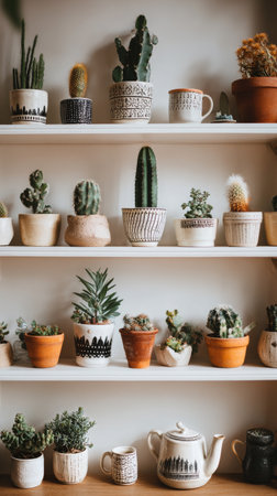 Pots with various cacti and succulents are neatly arranged on wooden shelves. The setting offers a warm and inviting atmosphere, ideal for plant lovers.の素材