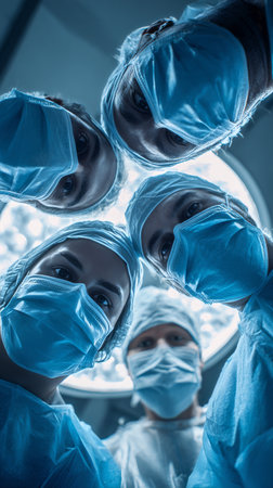 Medical professionals in masks and caps gather around a patient, demonstrating teamwork and focus in a surgical setting, ensuring readiness for the operation ahead..の素材