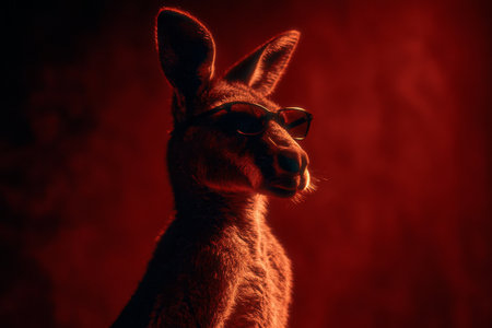 A kangaroo stands confidently, wearing sunglasses. The striking red backdrop creates a dramatic atmosphere, highlighting the kangaroos unique look and playful spirit.の素材
