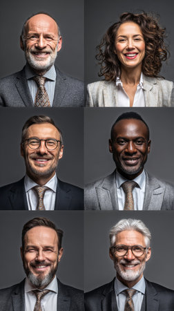 Six individuals smile confidently while wearing formal clothing. Each person has a unique hairstyle and expression, showing diversity. The background is dark, focusing on them.の素材