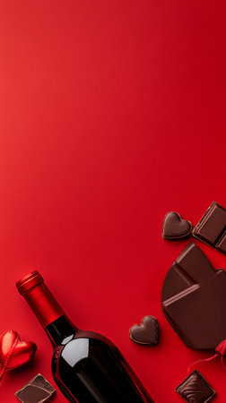 A romantic setup features a bottle of red wine surrounded by chocolate hearts, a bar of chocolate, and red roses on a vibrant red surface, perfect for celebrating love..の素材