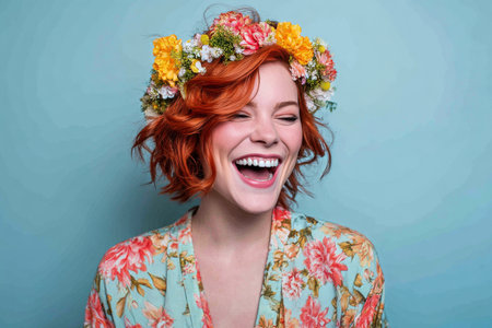A young girl with bright red hair and a floral crown laughs joyfully. She wears a colorful, patterned shirt, creating a cheerful mood in a vibrant blue setting..の素材