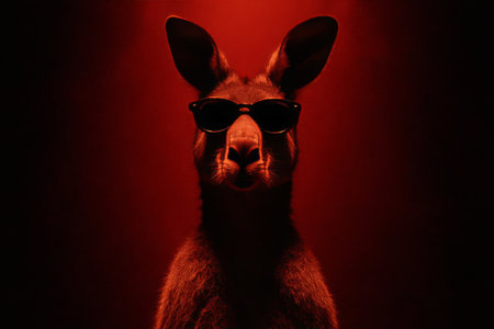 A kangaroo is posed under red lighting, wearing stylish sunglasses. The scene highlights its calm demeanor and cool attitude in an artistic, vibrant setting..の素材
