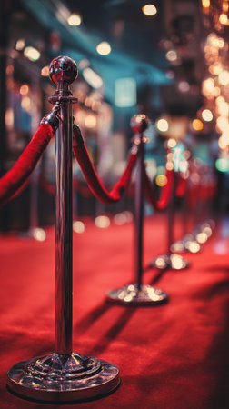A bright red carpet stretches before a crowd, bordered by elegant stanchions with red ropes. The setting glows with lights, perfect for a glamorous event at night..の素材