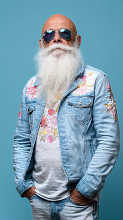 An elderly man with a long white beard stands proudly wearing a denim jacket adorned with floral patterns..の素材