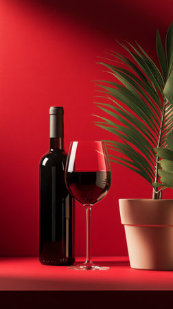 A red wine bottle stands beside an ornate glass filled with deep red wine. A green plant in a beige pot adds a touch of nature to the vibrant red background.の素材
