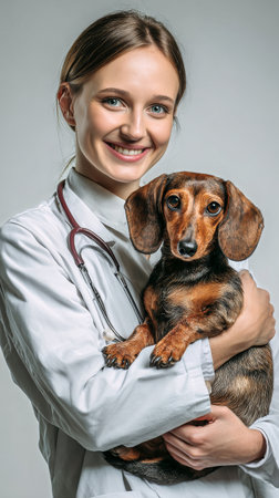 A young female veterinarian smiles while cradling a dachshund puppy in her arms inside a modern clinic. The warm atmosphere enhances the bond between them..の素材