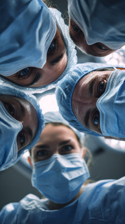 Medical professionals in masks and caps gather around a patient, demonstrating teamwork and focus in a surgical setting, ensuring readiness for the operation ahead.の素材