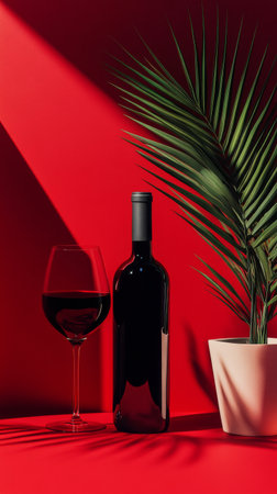 A dark wine bottle stands next to a glass filled with red wine. A green tropical plant in a white pot adds a fresh touch to the vibrant red backdrop.の素材