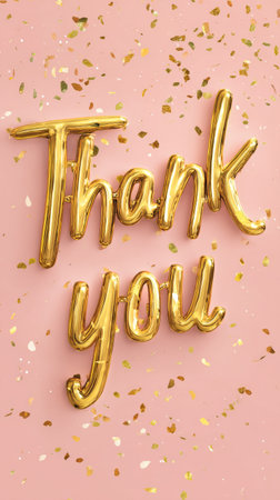 Golden letters spelling thank you are set against a pink background scattered with golden confetti. This cheerful display is perfect for celebrations or expressions of gratitude.の素材