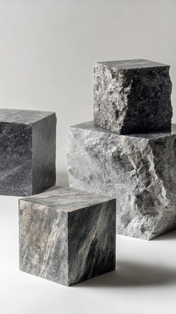 Several stone cubes in varying shapes and colors are stacked together on a soft, neutral background, displaying their unique textures and patterns in natural light..の素材