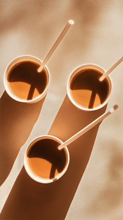 Three cups of warm drinks sit on a light surface, casting long shadows. The drinks have stirrers, and the setting suggests a cozy afternoon.の素材