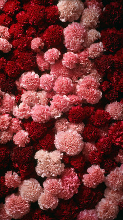 A beautiful arrangement features a variety of carnations in shades of red, pink, and white. The floral display showcases the rich textures and colors of the blooms..の素材