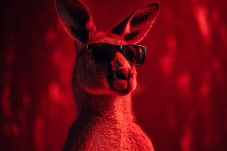 A kangaroo stands confidently, wearing sunglasses. The striking red backdrop creates a dramatic atmosphere, highlighting the kangaroos unique look and playful spirit..の素材