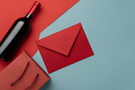 A red wine bottle stands upright beside a wrapped gift box and envelope, all set against a smooth red background, creating a festive and elegant atmosphere..の素材