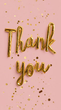 Bold gold letters spell out thank you on a soft pink surface surrounded by colorful confetti, creating a festive and cheerful atmosphere perfect for celebrations..の素材