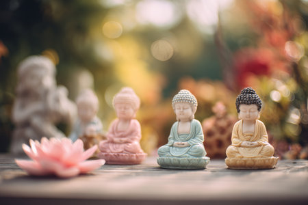 Decorative Buddhas in various colors are placed on a wooden surface surrounded by a garden. A lotus flower adds a tranquil touch to the peaceful scene, showcasing a moment of calm.の素材