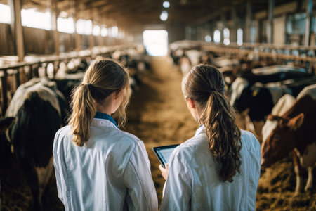Veterinarians in white lab coats observe and scan data on a tablet as they monitor the health of cows in dairy barn filled with hay..の素材
