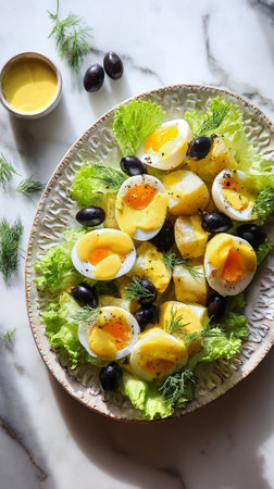 A vibrant salad features sliced boiled eggs, tender potatoes, and black olives resting on a bed of fresh greens. A small bowl of dressing sits nearby, enhancing the meals freshness.の素材