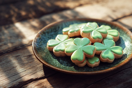 A plate of green shamrock cookies sits on a wooden table. Nearby, a cup of coffee and a glass of layered drink add to the inviting scene, perfect for a festive gathering..の素材