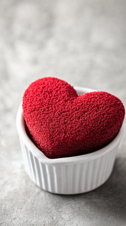 A red heart-shaped dessert made of soft texture is placed in a small white ramekin. The background features a subtle, textured gray surface, enhancing the visual appeal.の素材