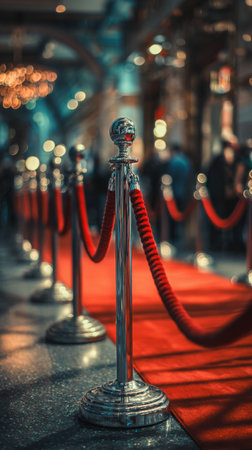 Bright red carpet stretches forward, flanked by shiny stanchions and ropes. A festive atmosphere fills the venue, hinting at a special occasion or celebration in progress..の素材