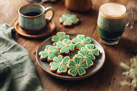 A plate of green shamrock cookies sits on a wooden table. Nearby, a cup of coffee and a glass of layered drink add to the inviting scene, perfect for a festive gathering.の素材