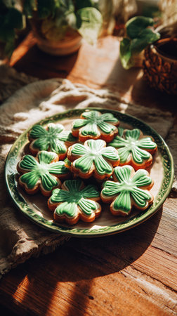 A plate filled with beautifully decorated green clover-shaped cookies sits on a wooden table. Soft sunlight highlights the cookies, creating a warm and inviting atmosphere.の素材