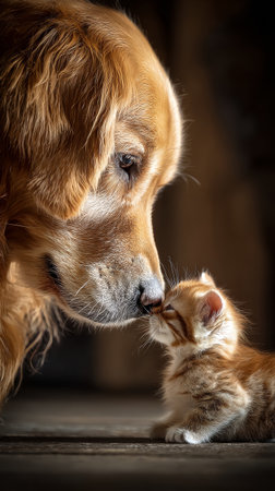 A golden retriever leans down to sniff an orange kitten sitting in front of a small bowl. Both animals are in a warm indoor space filled with soft lighting..の素材