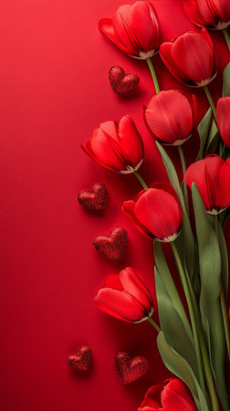 Beautiful red tulips arranged elegantly alongside small heart shapes on a vibrant red background for a romantic setting. Perfect for special occasions like Valentines Day.の素材
