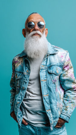 Elderly man stands confidently against a vibrant blue backdrop. He wears a light blue denim jacket adorned with colorful details and stylish sunglasses.の素材