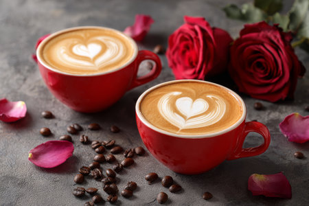 Two red cups filled with latte art sit on a gray surface. Fresh red roses and scattered coffee beans surround the cups, creating a warm and inviting atmosphere.の素材