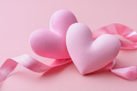 Two soft pink hearts are placed on a pastel pink surface, next to a delicate pink ribbon. This setup creates a sweet atmosphere for celebrations or romantic moments.の素材