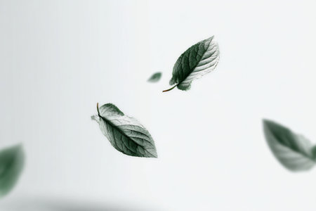 Delicate green leaves drift softly in the air, illuminated by gentle light. The scene reflects tranquility and natures beauty with a minimalist aesthetic.の素材