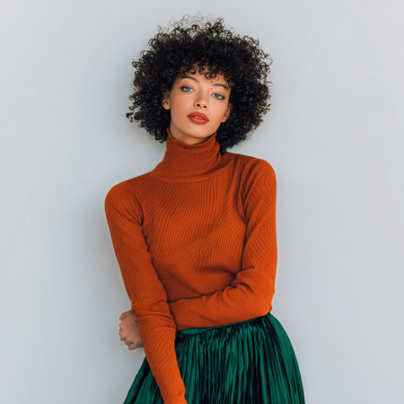 A young woman with curly hair sits casually against a smooth light wall, wearing a bright orange sweater and a flowing green skirt. Her look is trendy and chic..の素材