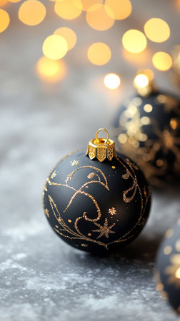 A black ornament with gold snowflake designs sits on a gray surface. Soft bokeh lights create a warm, festive atmosphere perfect for holiday celebrations..の素材