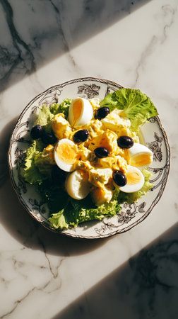 A fresh salad sits on a decorative plate with lettuce, boiled eggs, and black olives. Sunlight highlights the colors and textures, creating an inviting scene perfect for a meal.の素材