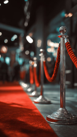 A bright red carpet stretches before a crowd, bordered by elegant stanchions with red ropes. The setting glows with lights, perfect for a glamorous event at night.の素材