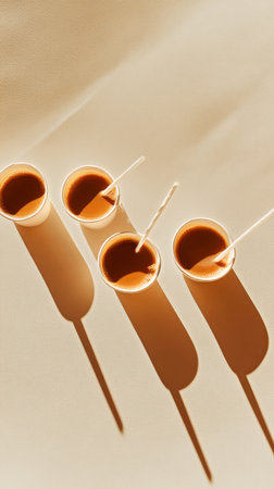 Three cups of warm drinks sit on a light surface, casting long shadows. The drinks have stirrers, and the setting suggests a cozy afternoon..の素材