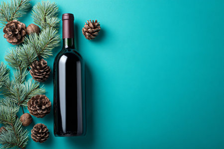 A rich red wine bottle sits elegantly on a teal surface, surrounded by pine cones and green foliage, creating a festive atmosphere for holiday gatherings..の素材